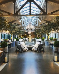 Elegant indoor lounge with chandeliers and greenery